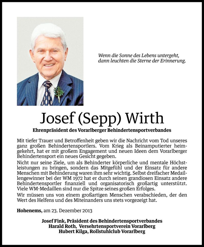  Todesanzeige für Josef Wirth vom 26.12.2013 aus Vorarlberger Nachrichten