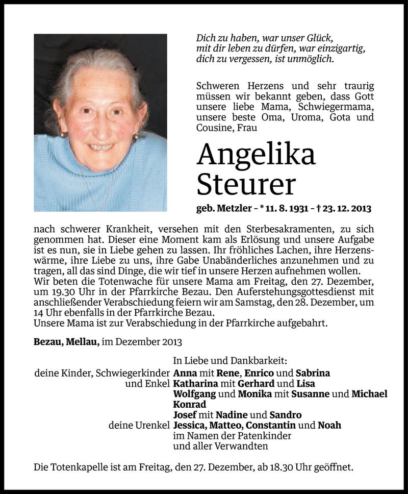  Todesanzeige für Angelika Steurer vom 26.12.2013 aus Vorarlberger Nachrichten