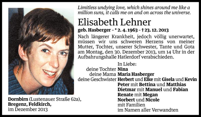  Todesanzeige für Elisabeth Lehner vom 26.12.2013 aus Vorarlberger Nachrichten