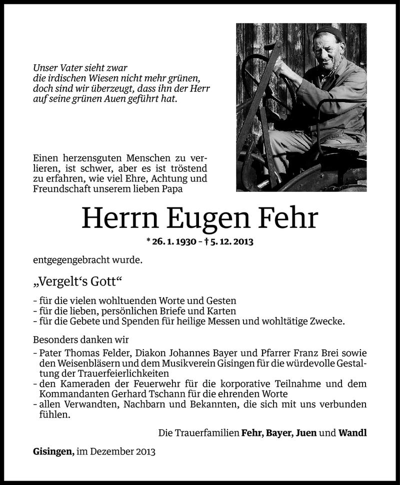  Todesanzeige für Eugen Fehr vom 27.12.2013 aus Vorarlberger Nachrichten