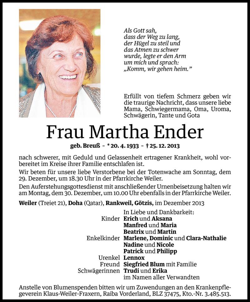  Todesanzeige für Martha Ender vom 27.12.2013 aus Vorarlberger Nachrichten