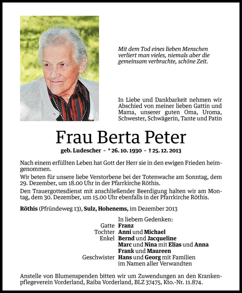  Todesanzeige für Berta Peter vom 28.12.2013 aus Vorarlberger Nachrichten