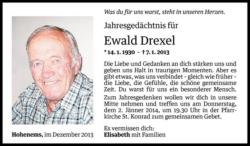  Todesanzeige für Ewald Drexel vom 31.12.2013 aus Vorarlberger Nachrichten