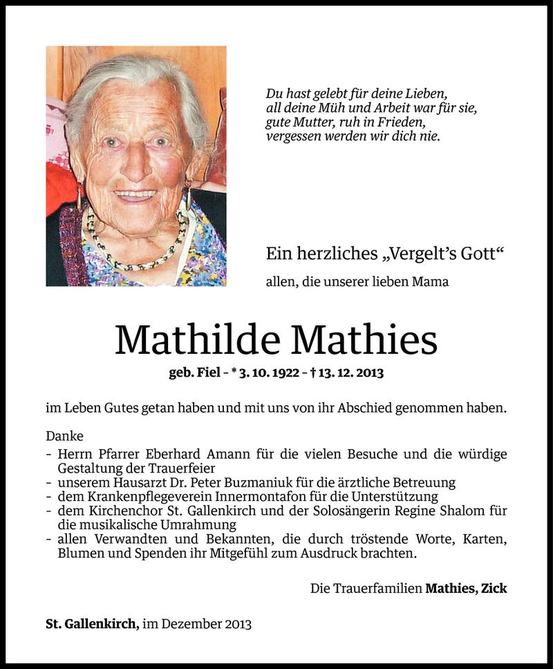  Todesanzeige für Mathilde Mathies vom 27.12.2013 aus Vorarlberger Nachrichten