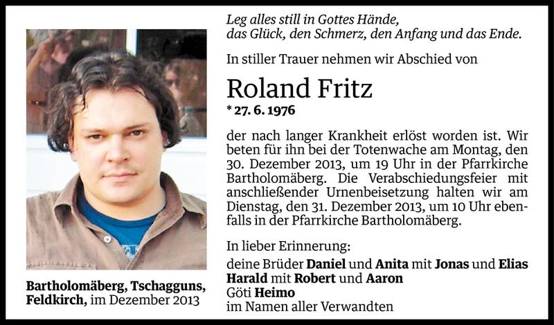  Todesanzeige für Roland Fritz vom 27.12.2013 aus Vorarlberger Nachrichten