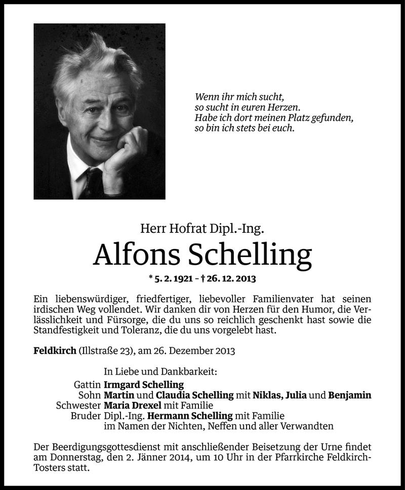  Todesanzeige für Alfons Schelling vom 27.12.2013 aus Vorarlberger Nachrichten