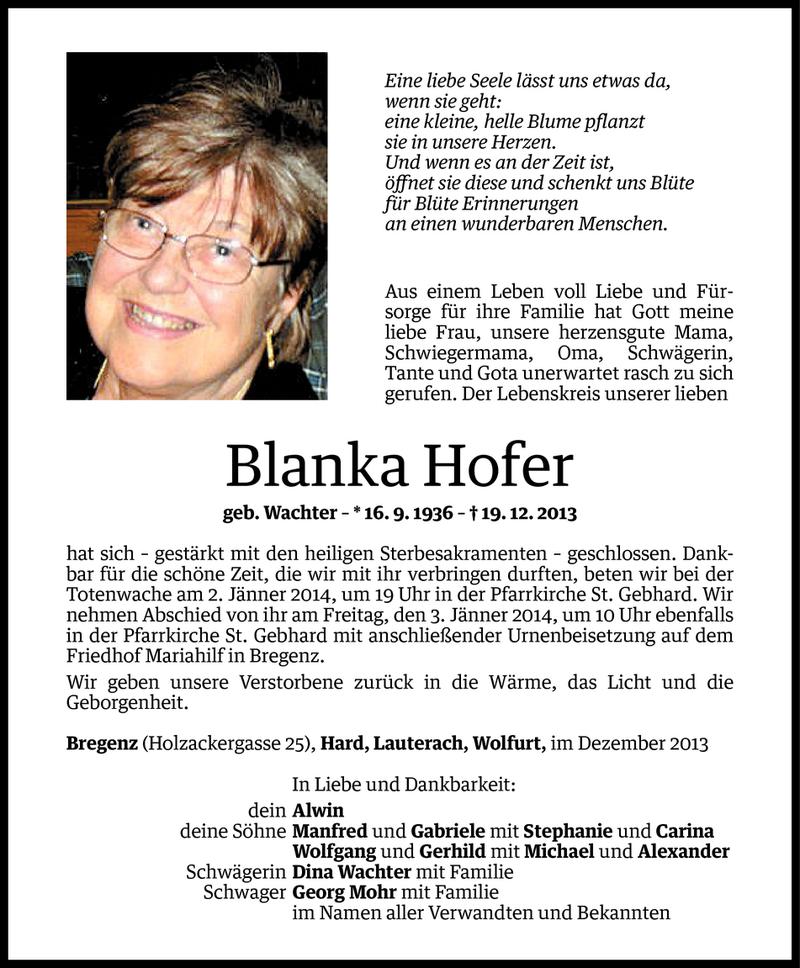  Todesanzeige für Blanka Hofer vom 27.12.2013 aus Vorarlberger Nachrichten