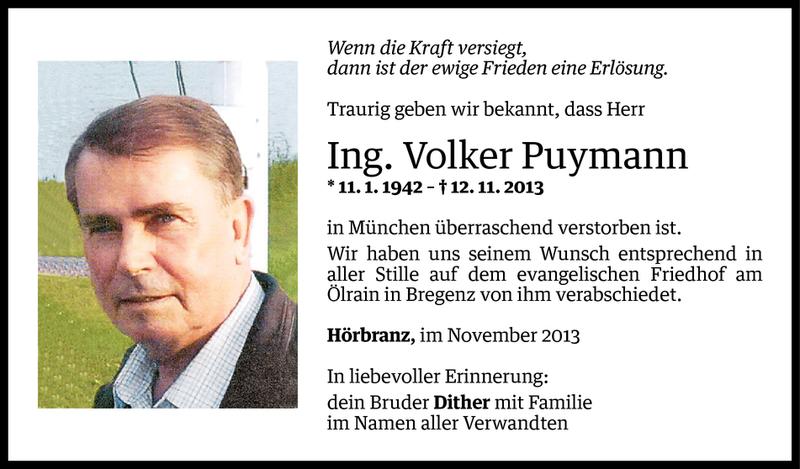  Todesanzeige für Volker Puymann vom 28.12.2013 aus Vorarlberger Nachrichten