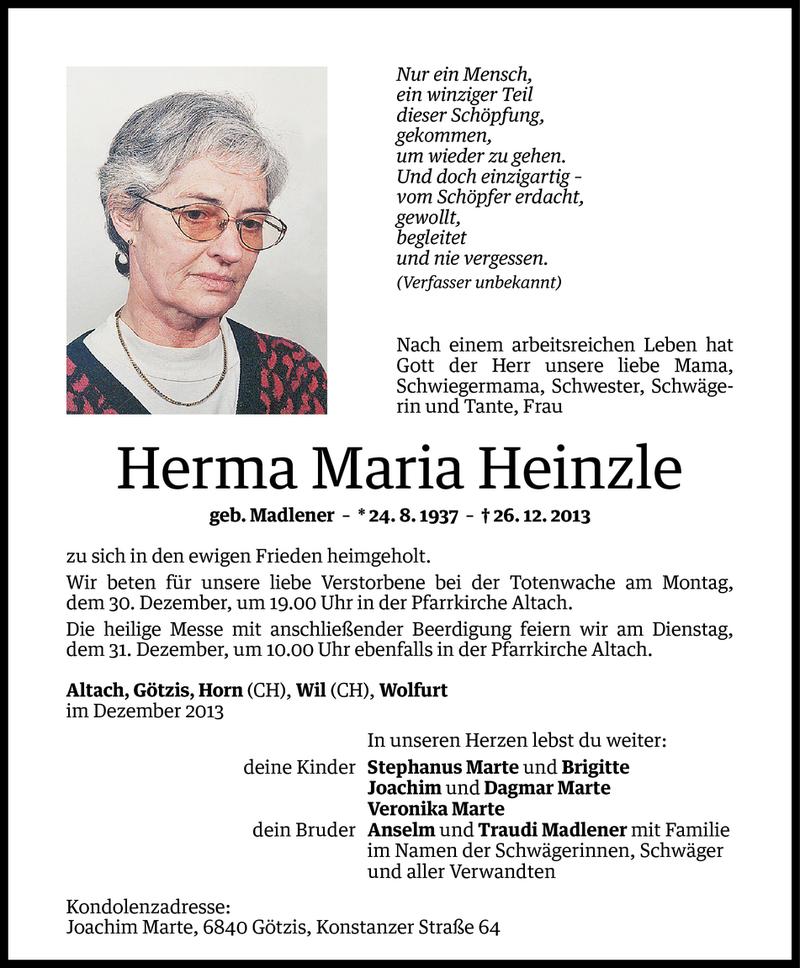  Todesanzeige für Herma Maria Heinzle vom 28.12.2013 aus Vorarlberger Nachrichten