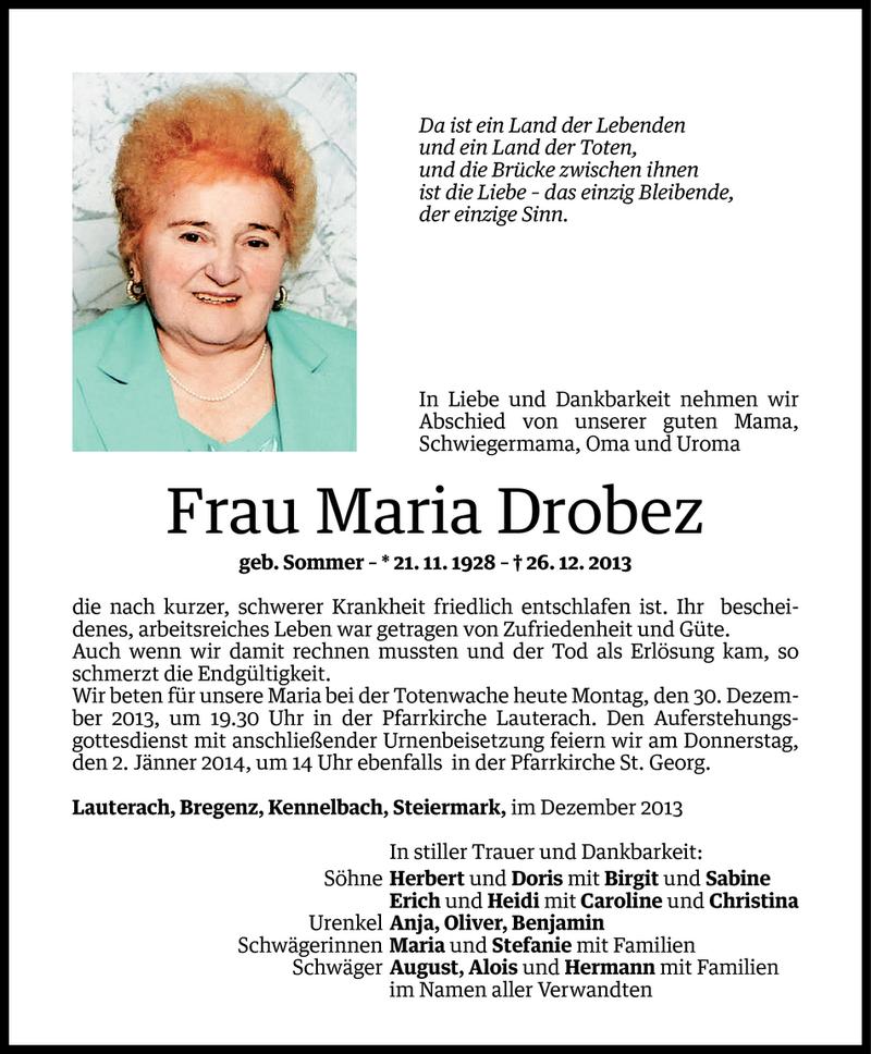  Todesanzeige für Maria Drobez vom 29.12.2013 aus Vorarlberger Nachrichten