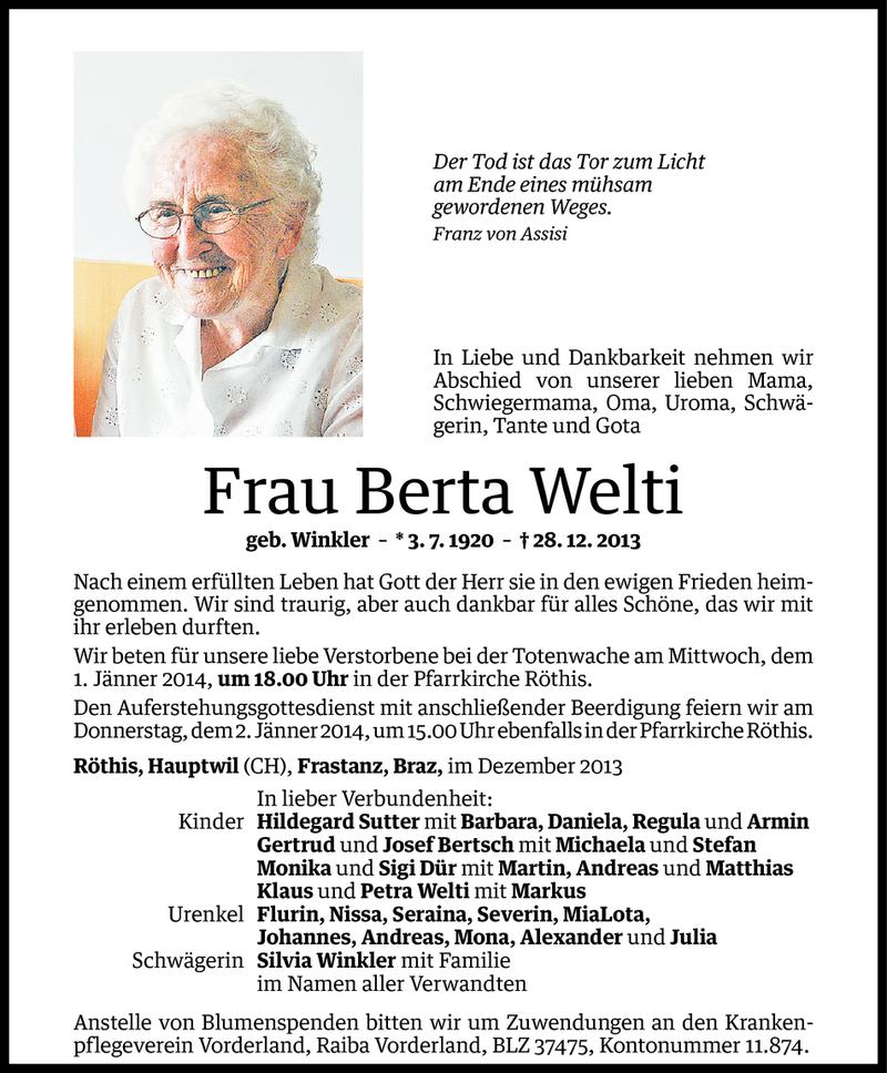  Todesanzeige für Berta Welti vom 30.12.2013 aus Vorarlberger Nachrichten