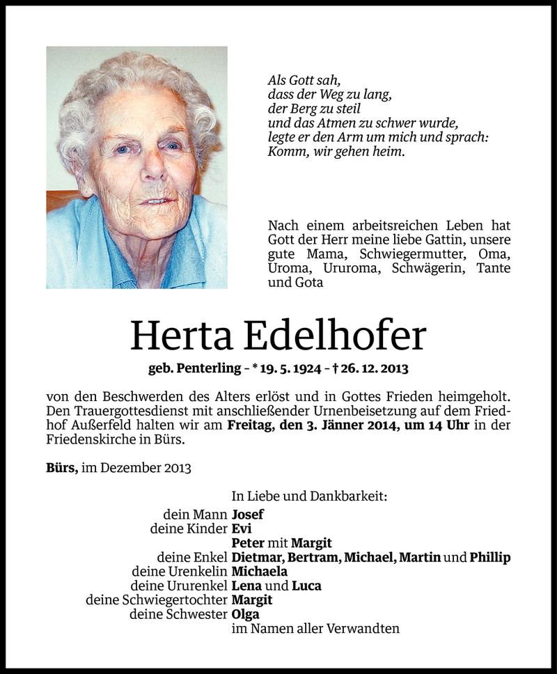  Todesanzeige für Herta Edelhofer vom 31.12.2013 aus Vorarlberger Nachrichten