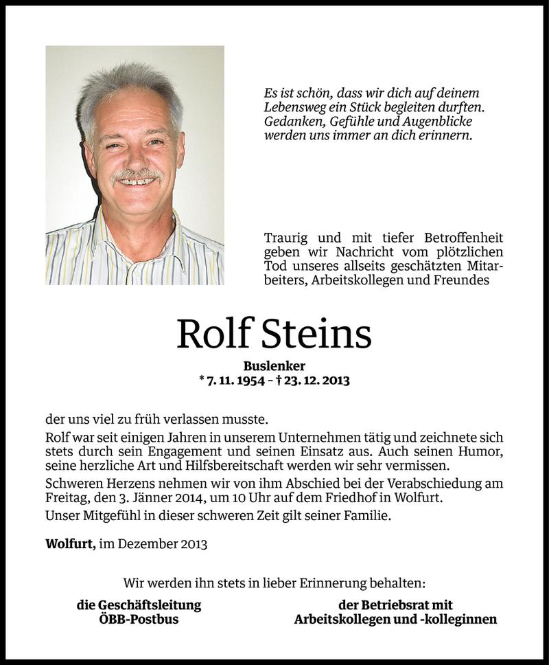  Todesanzeige für Rolf Steins vom 30.12.2013 aus Vorarlberger Nachrichten