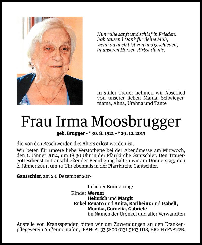  Todesanzeige für Irma Moosbrugger vom 30.12.2013 aus Vorarlberger Nachrichten