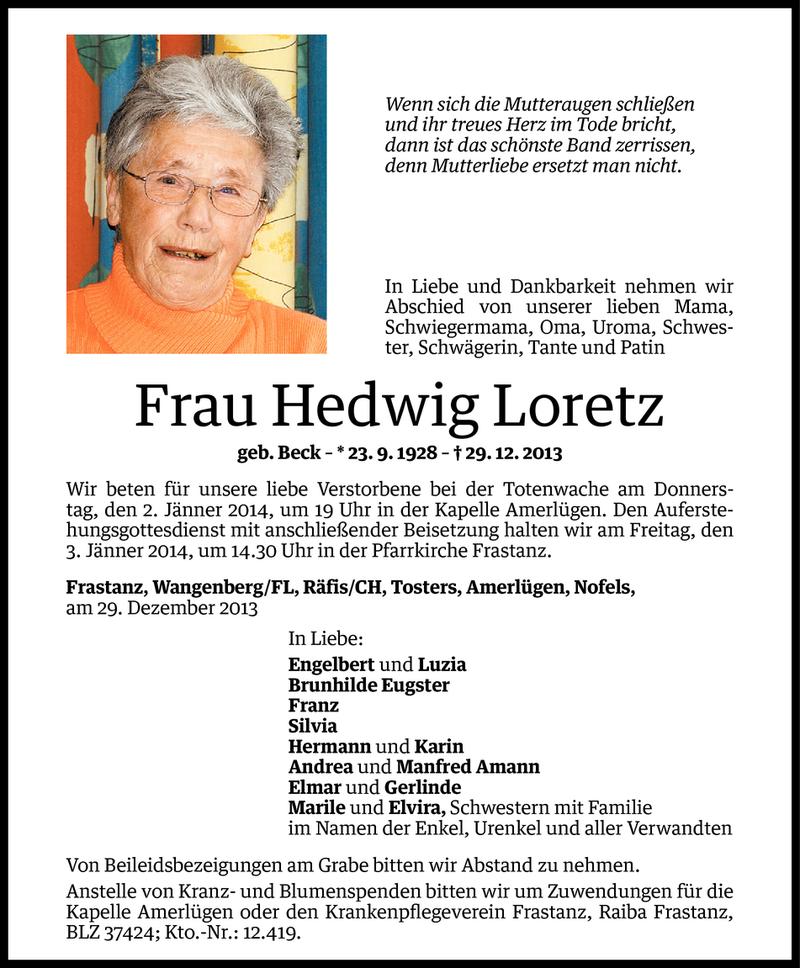  Todesanzeige für Hedwig Loretz vom 30.12.2013 aus Vorarlberger Nachrichten