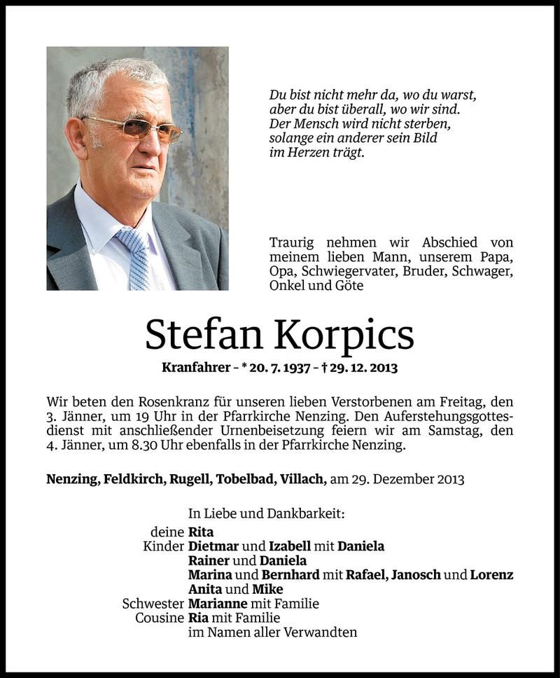  Todesanzeige für Stefan Korpics vom 30.12.2013 aus Vorarlberger Nachrichten