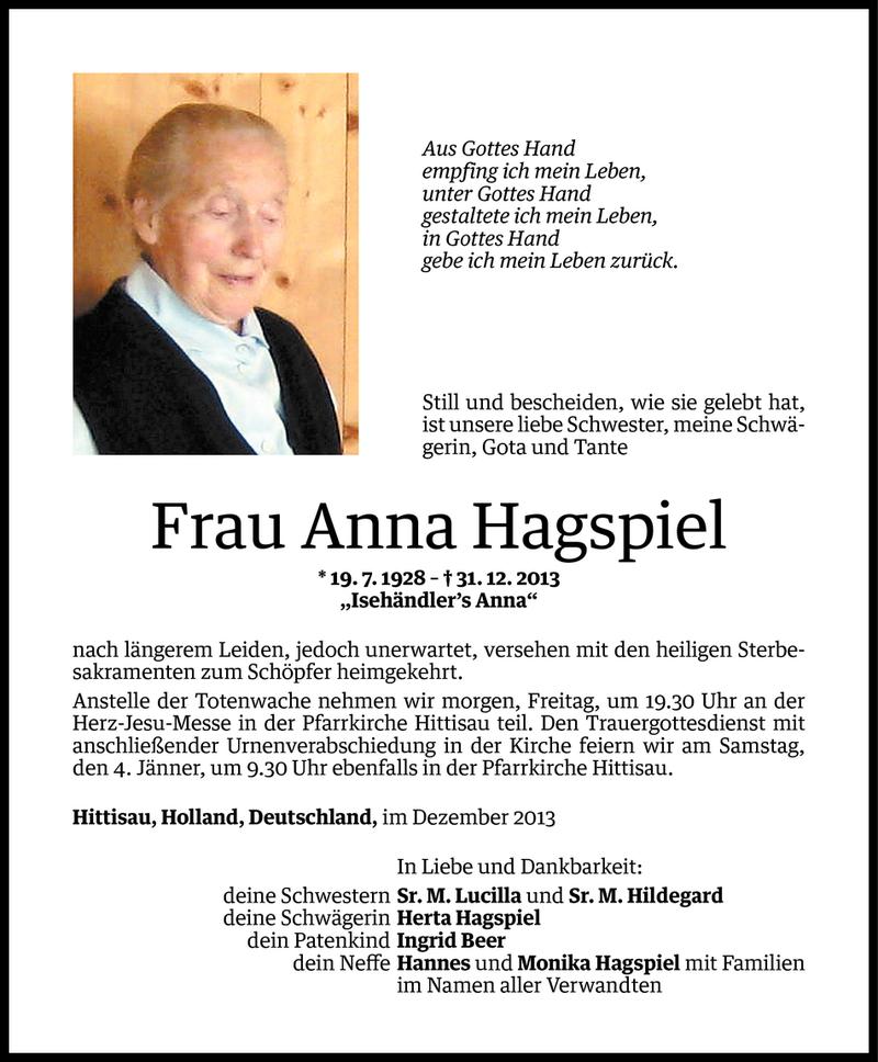  Todesanzeige für Anna Hagspiel vom 01.01.2014 aus Vorarlberger Nachrichten