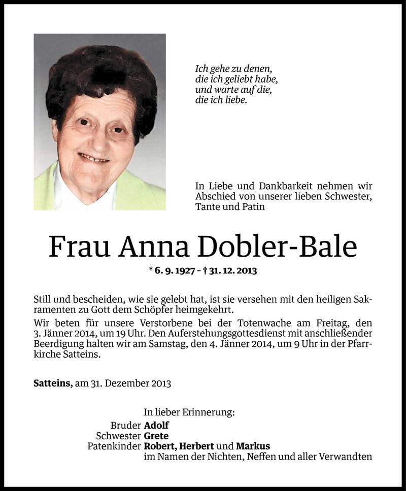  Todesanzeige für Anna Dobler-Bale vom 01.01.2014 aus Vorarlberger Nachrichten