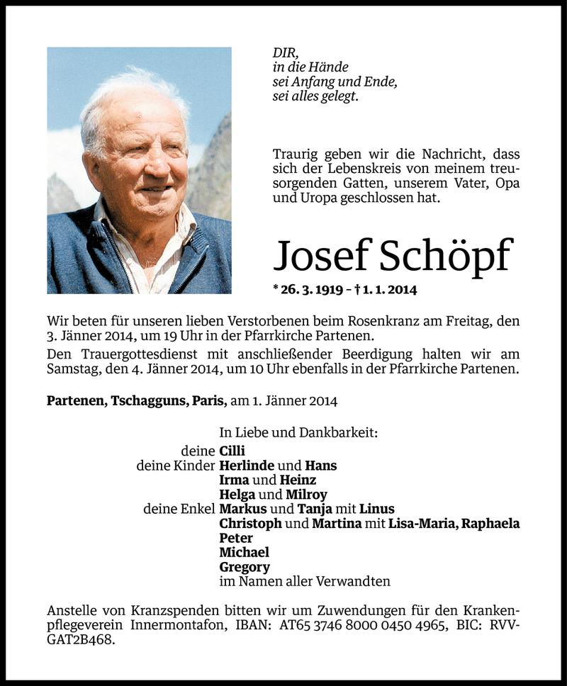  Todesanzeige für Josef Schöpf vom 01.01.2014 aus Vorarlberger Nachrichten