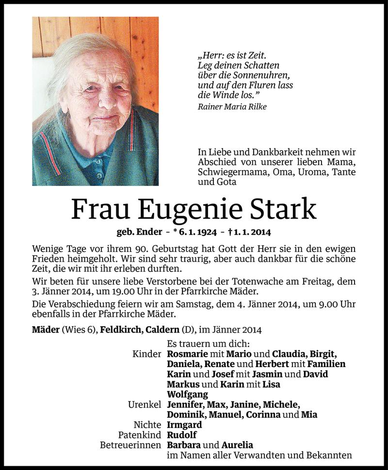  Todesanzeige für Eugenie Stark vom 02.01.2014 aus Vorarlberger Nachrichten