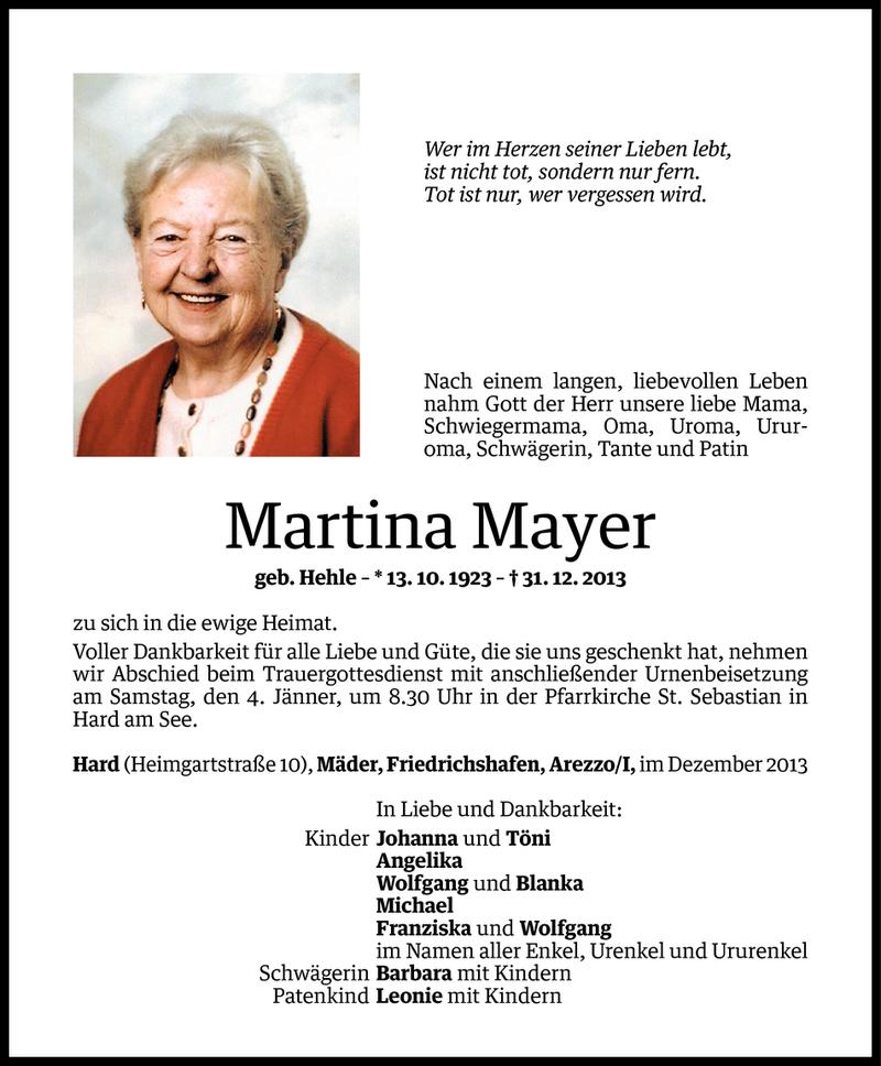  Todesanzeige für Martina Mayer vom 01.01.2014 aus Vorarlberger Nachrichten