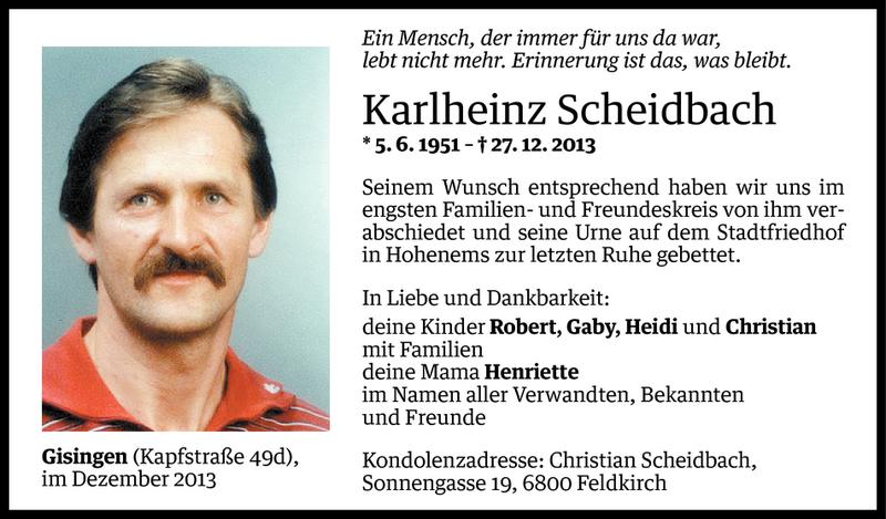  Todesanzeige für Karlheinz Scheidbach vom 03.01.2014 aus Vorarlberger Nachrichten