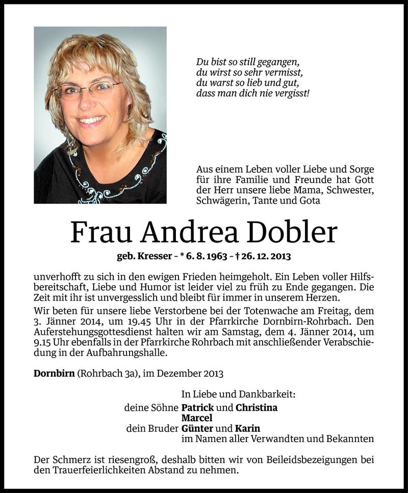  Todesanzeige für Andrea Dobler vom 02.01.2014 aus Vorarlberger Nachrichten