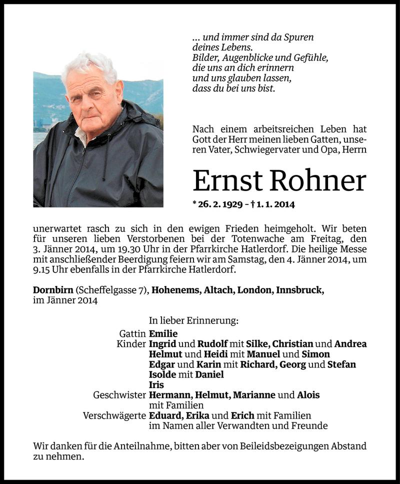  Todesanzeige für Ernst Rohner vom 02.01.2014 aus Vorarlberger Nachrichten