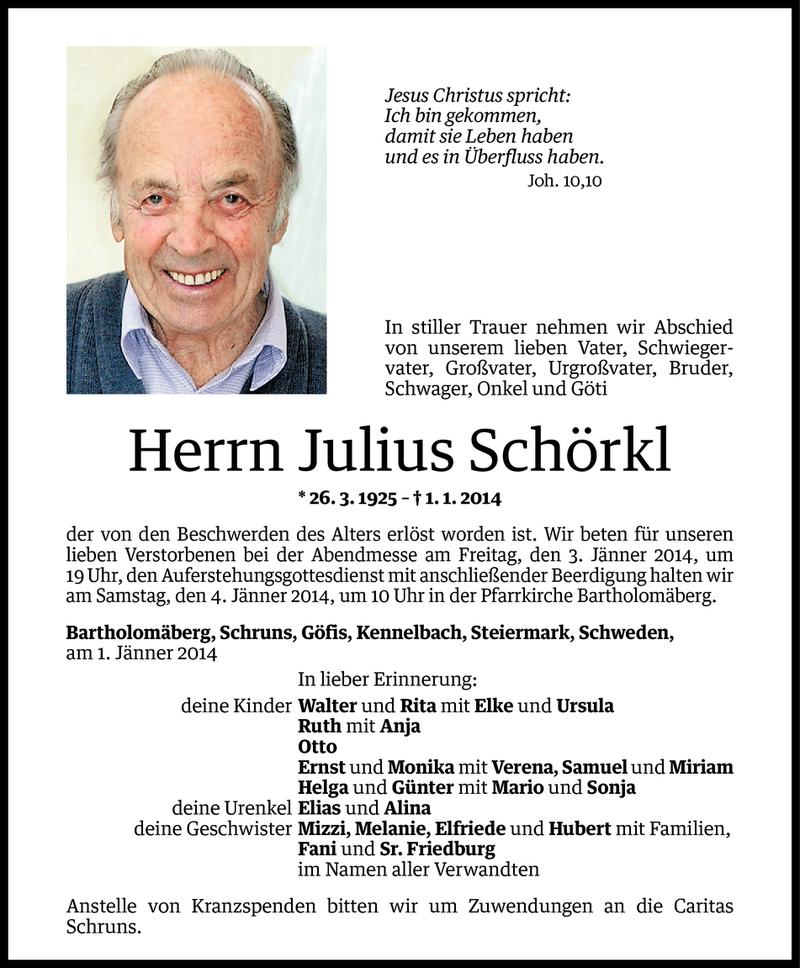  Todesanzeige für Julius Schörkl vom 02.01.2014 aus Vorarlberger Nachrichten