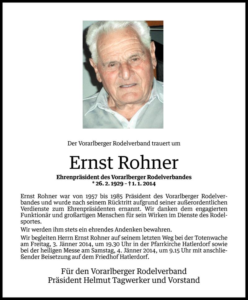  Todesanzeige für Ernst Rohner vom 02.01.2014 aus Vorarlberger Nachrichten