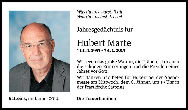  Todesanzeige für Hubert Marte vom 03.01.2014 aus Vorarlberger Nachrichten