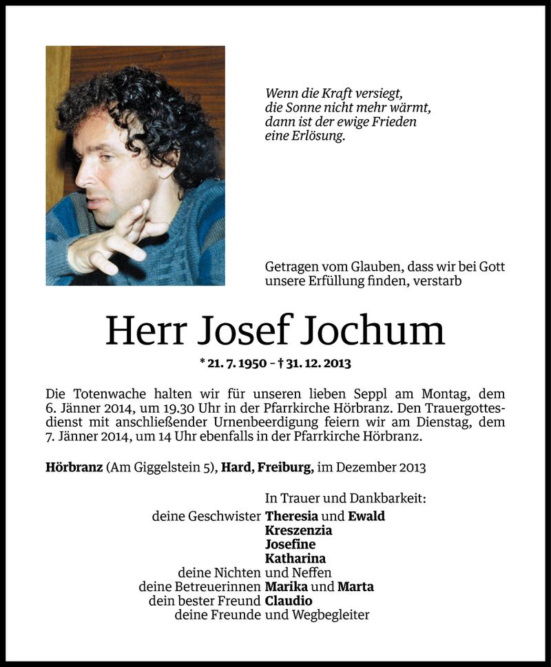  Todesanzeige für Josef Jochum vom 03.01.2014 aus Vorarlberger Nachrichten