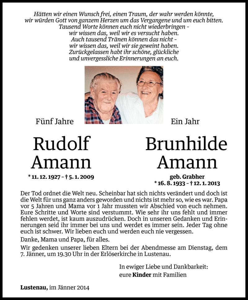  Todesanzeige für Rudolf und Brunhilde Amann vom 03.01.2014 aus Vorarlberger Nachrichten