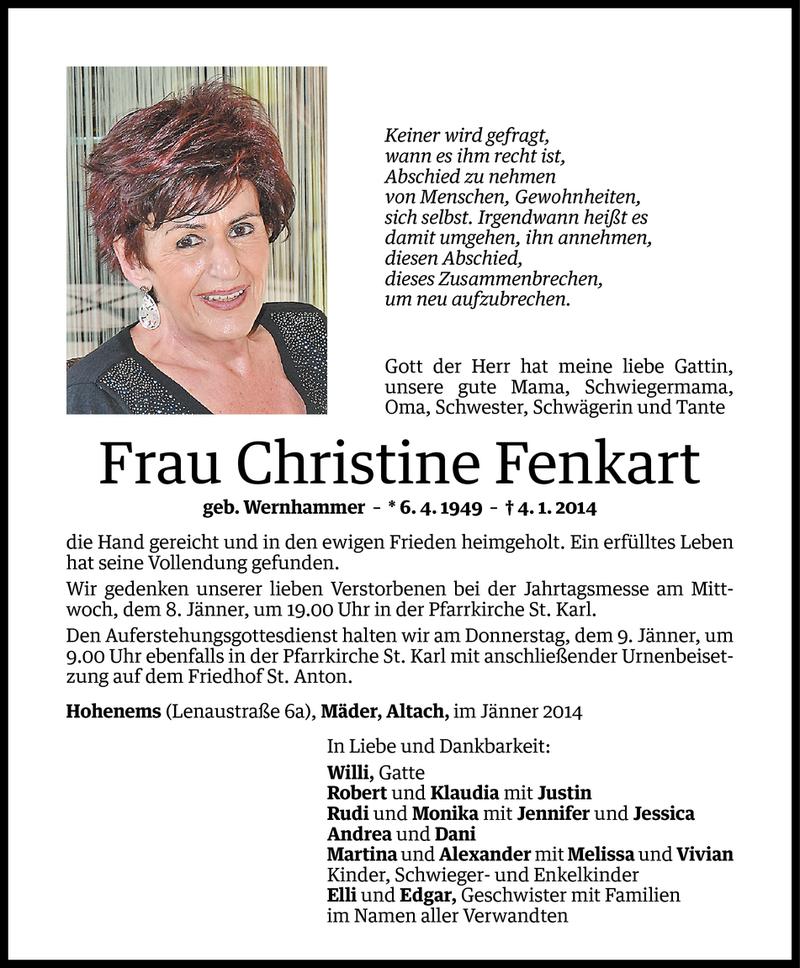  Todesanzeige für Christine Fenkart vom 07.01.2014 aus Vorarlberger Nachrichten