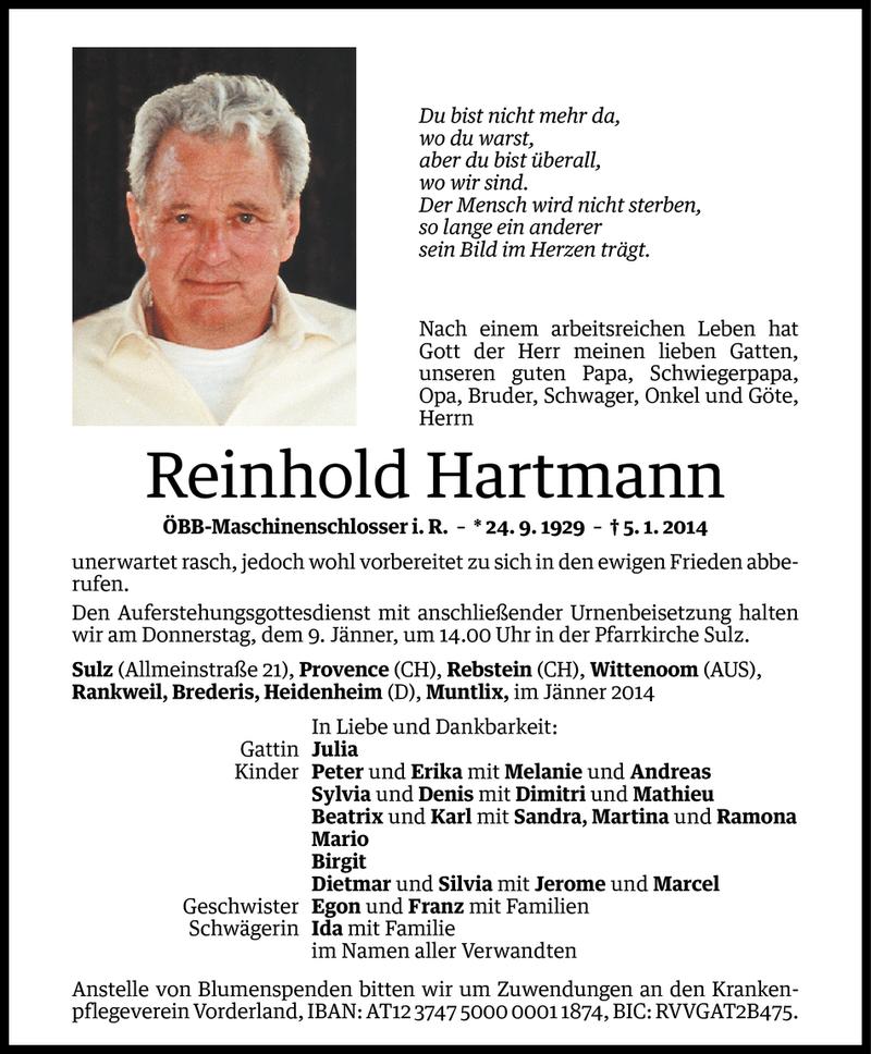  Todesanzeige für Reinhold Hartmann vom 07.01.2014 aus Vorarlberger Nachrichten