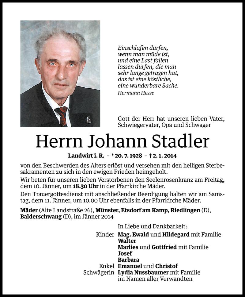  Todesanzeige für Johann Stadler vom 07.01.2014 aus Vorarlberger Nachrichten