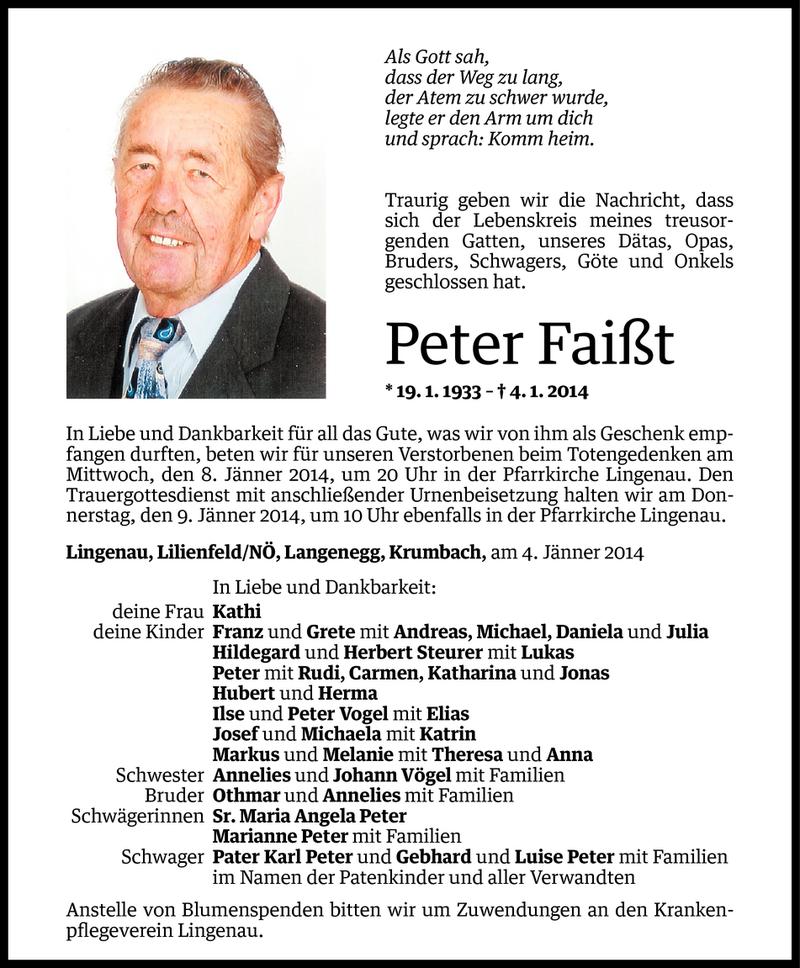  Todesanzeige für Peter Faißt vom 06.01.2014 aus Vorarlberger Nachrichten