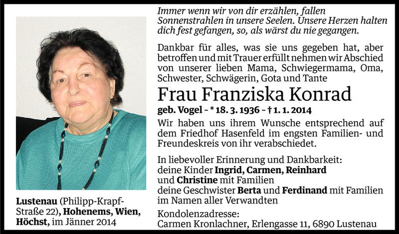  Todesanzeige für Franziska Konrad vom 06.01.2014 aus Vorarlberger Nachrichten