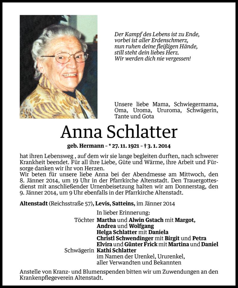  Todesanzeige für Anna Schlatter vom 06.01.2014 aus Vorarlberger Nachrichten