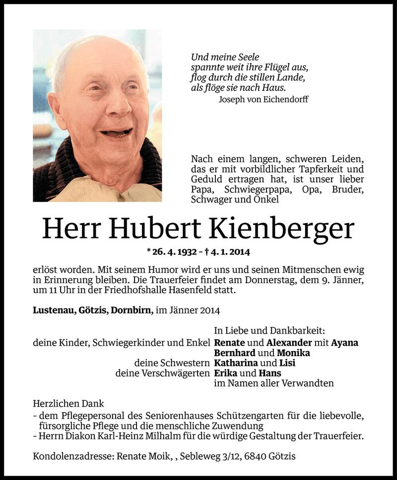  Todesanzeige für Hubert Kienberger vom 06.01.2014 aus Vorarlberger Nachrichten