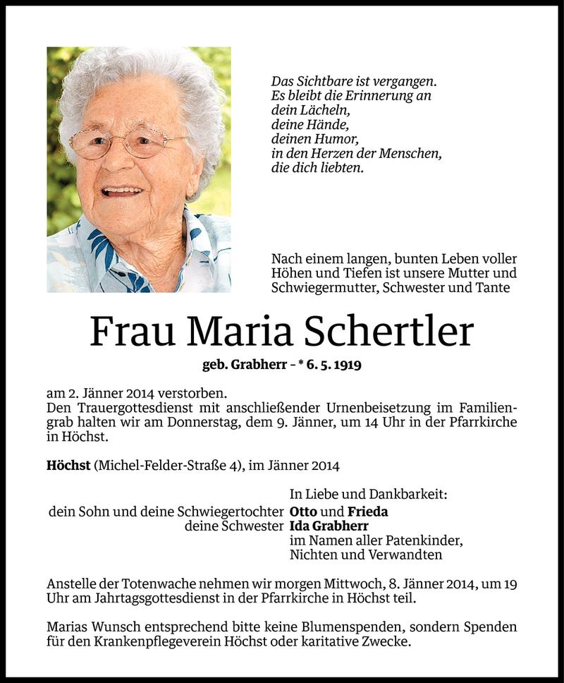  Todesanzeige für Maria Schertler vom 06.01.2014 aus Vorarlberger Nachrichten