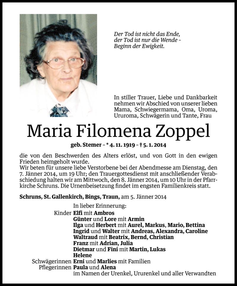  Todesanzeige für Maria Filomena Zoppel vom 06.01.2014 aus Vorarlberger Nachrichten