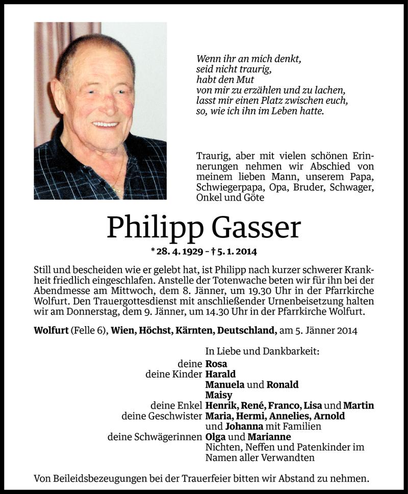  Todesanzeige für Philipp Gasser vom 06.01.2014 aus Vorarlberger Nachrichten