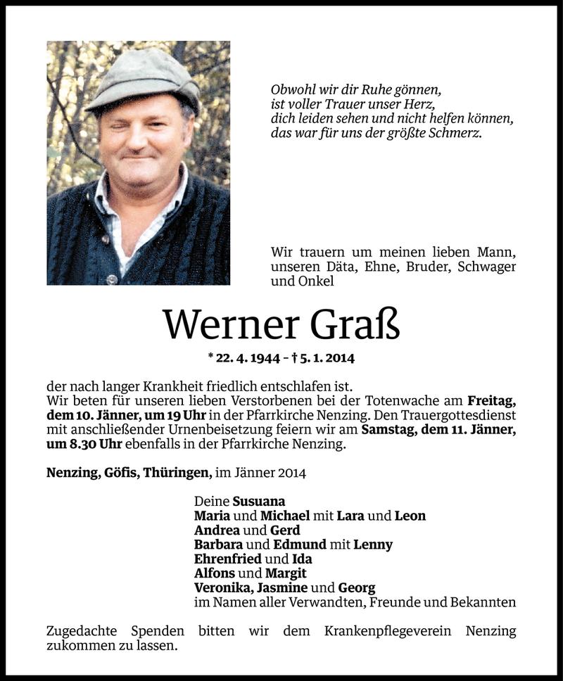  Todesanzeige für Werner Graß vom 08.01.2014 aus Vorarlberger Nachrichten