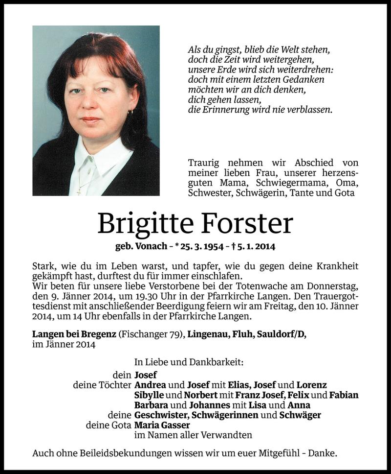  Todesanzeige für Brigitte Forster vom 07.01.2014 aus Vorarlberger Nachrichten