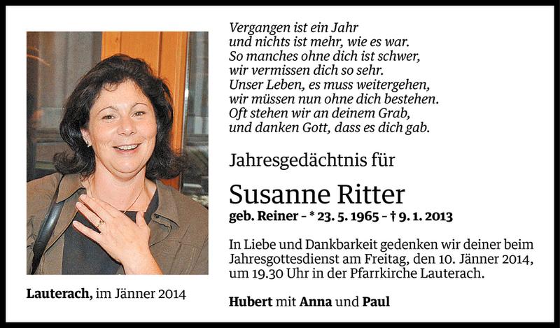  Todesanzeige für Susanne Ritter vom 08.01.2014 aus Vorarlberger Nachrichten