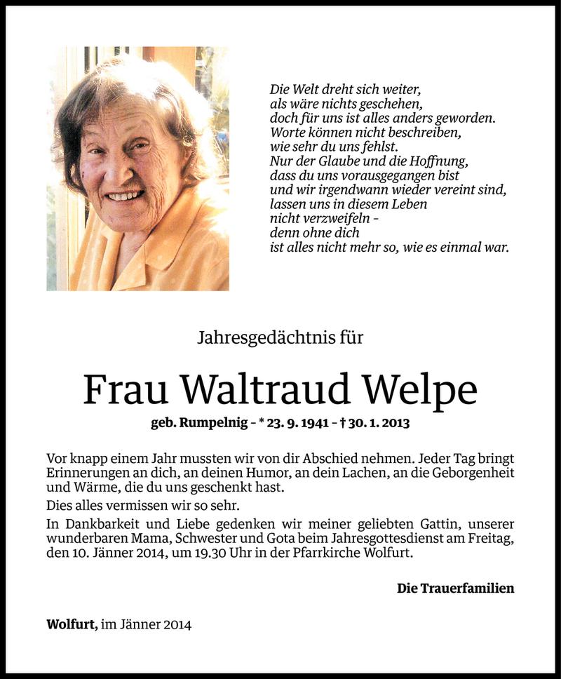  Todesanzeige für Waltraud Welpe vom 08.01.2014 aus Vorarlberger Nachrichten