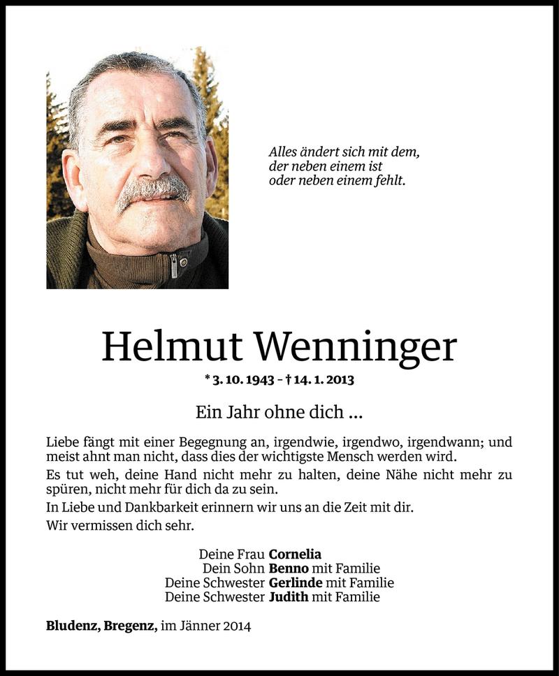  Todesanzeige für Helmut Wenninger vom 14.01.2014 aus Vorarlberger Nachrichten