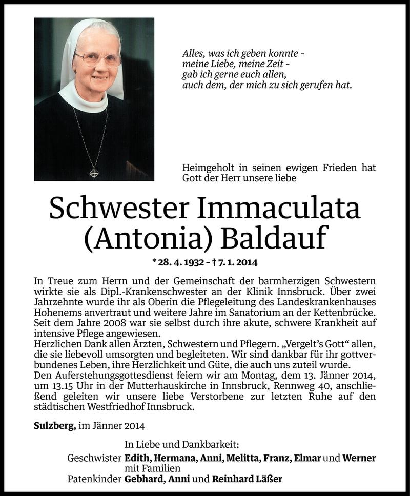  Todesanzeige für Antonia Baldauf vom 09.01.2014 aus Vorarlberger Nachrichten