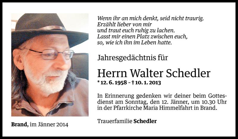  Todesanzeige für Walter Schedler vom 09.01.2014 aus Vorarlberger Nachrichten